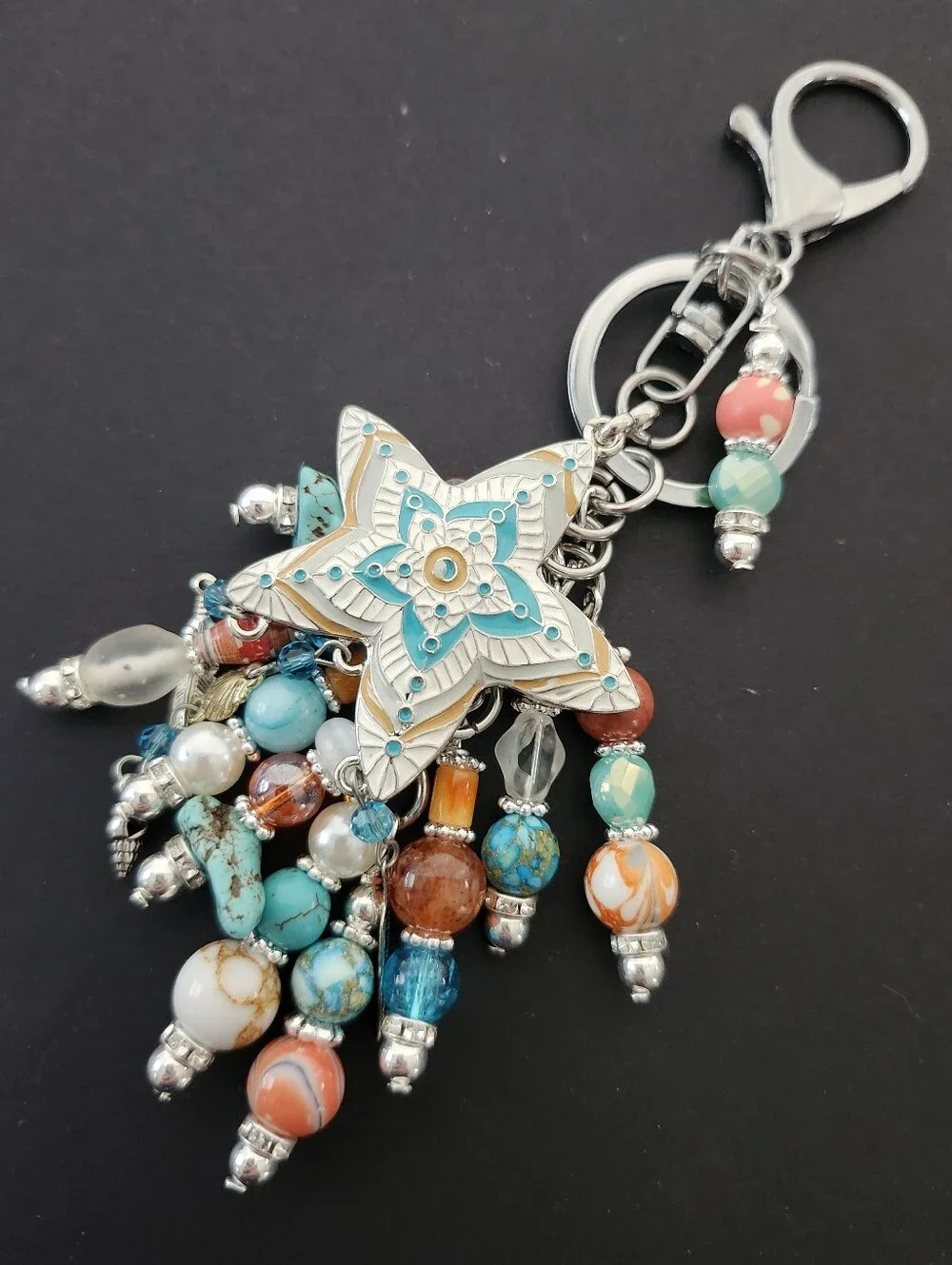 Boho Star Purse Charm or Keychain Howlite Turquoise Paper Agate Handcrafted